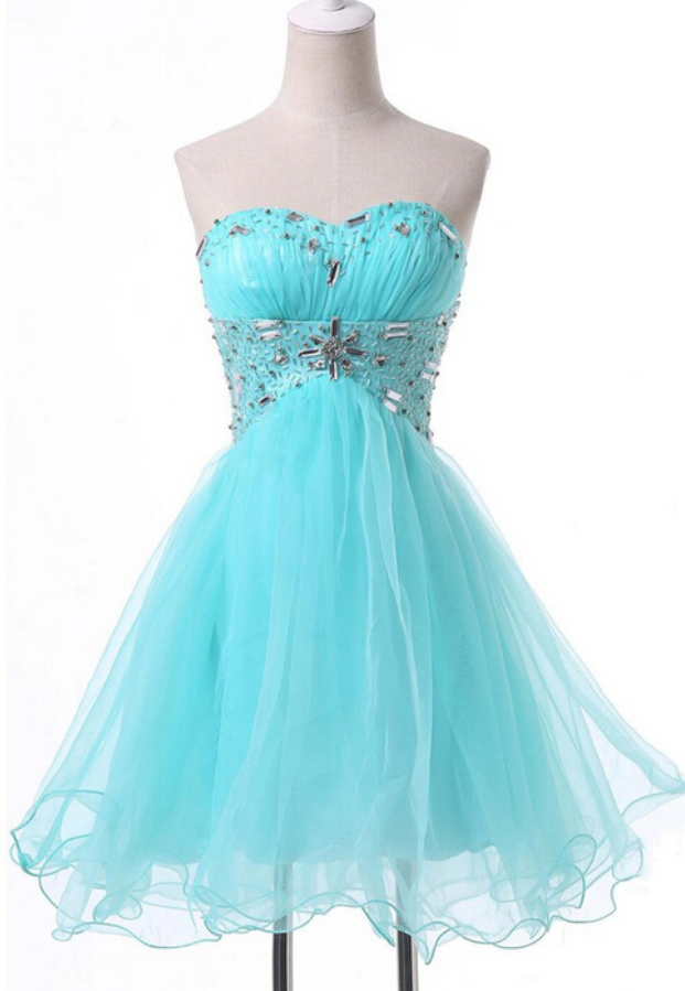 Light Blue Short Tulle Homecoming Dress Featuring Ruched Sweetheart Bodice With Beaded Embellishments And Lace-up Back