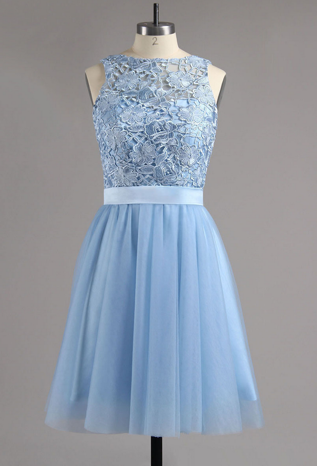 Blue Dance Graduation Dresses Middle School V-Neck Knee-Length Light Blue  Satin Homecoming Dress With