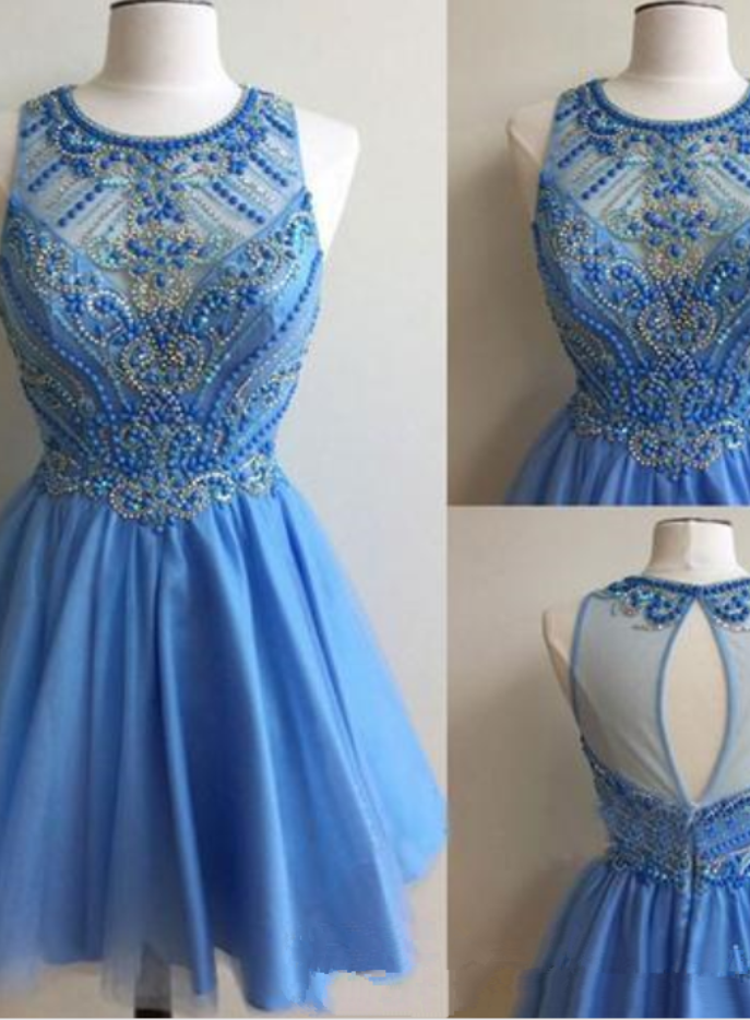 Sky Blue Homecoming Dresses Keyhole Back Draped A Line Graduation Dresses Short Formal Prom Party Gowns With Beading, Homecoming Gown