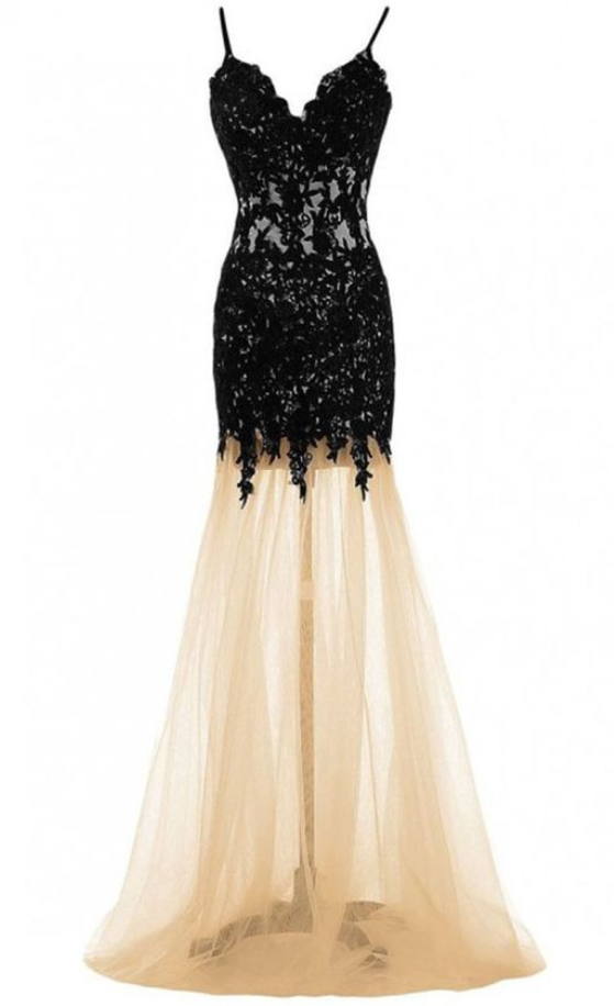 Sexy Spaghetti Straps Tulle Prom Dress, Appliques Lace Mermaid Prom Dresses, Long Evening Dress