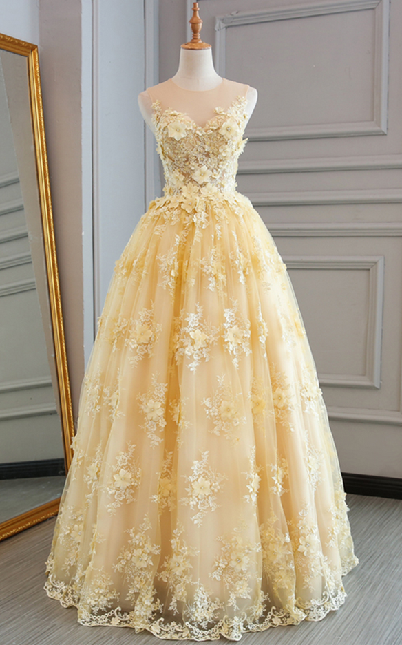  Spring yellow lace customize long A-line senior prom dress, long lace halter evening dress