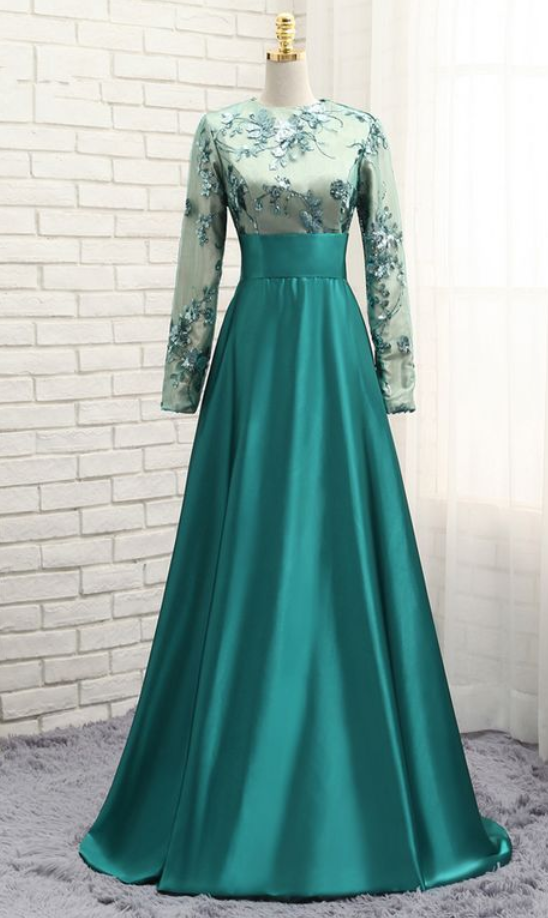 Green Muslim Evening Dresses A-line Long Sleeves Satin Sequins Elegant Long Saudi Arabic Evening Gown Prom Dresses ,custom Made,party Gown