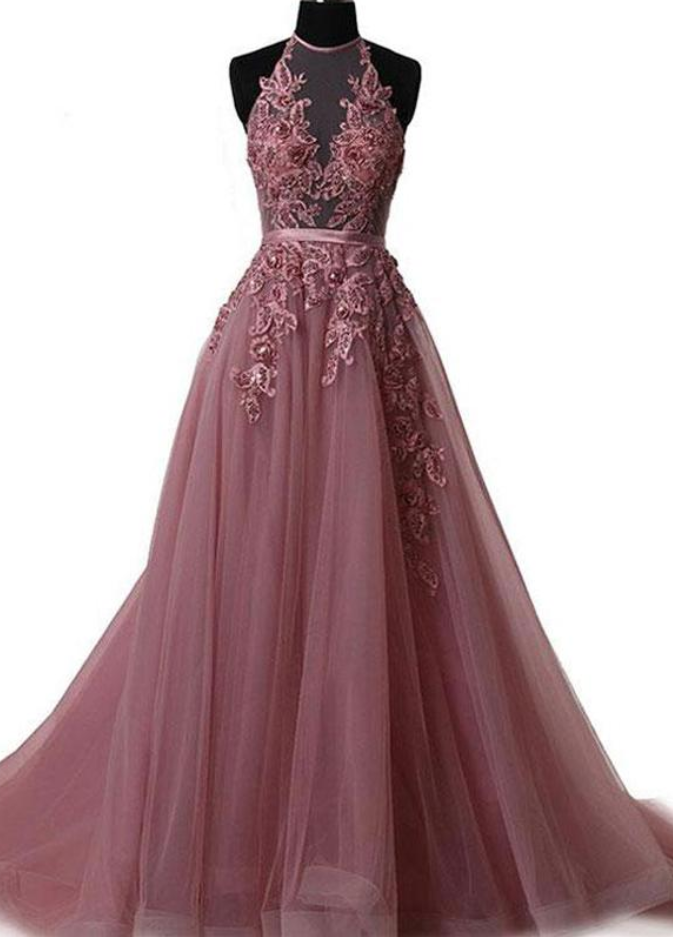 Long Prom Dress Halter Brush Train Simple Lace Prom Dress/evening Dress