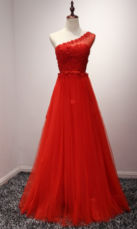 Prom Dresses, Prom Dresses With Flowers, Red Tulle Prom Dresses, One Shoulder Prom Dresses, Red Prom Dresses, Long Prom Dresses,