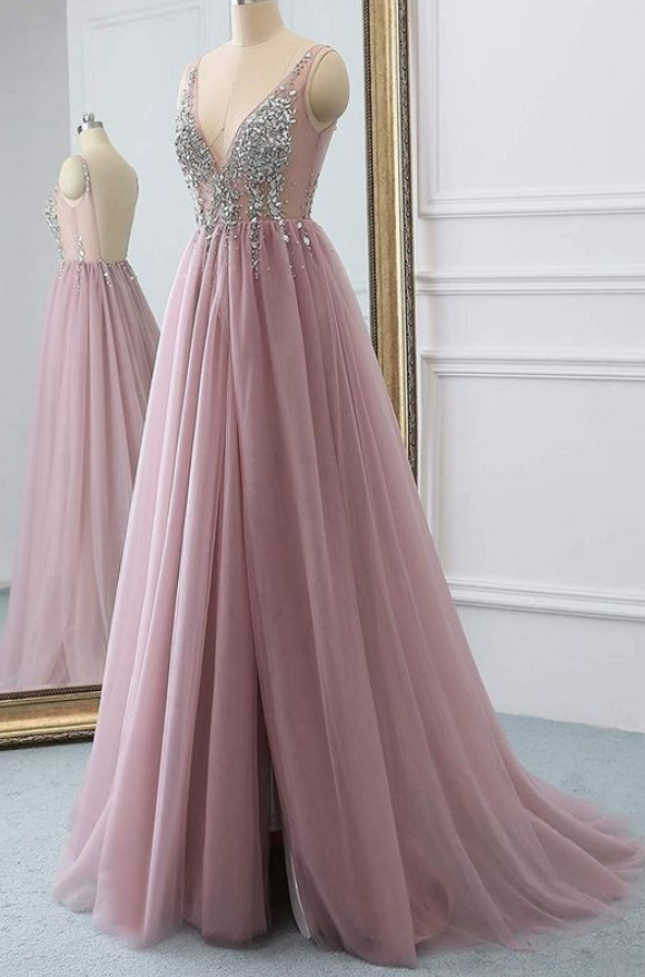 Dusty Pink A Line Tulle Prom Dress, V Neck Long Graduation Dress With  Rhinestone on Luulla