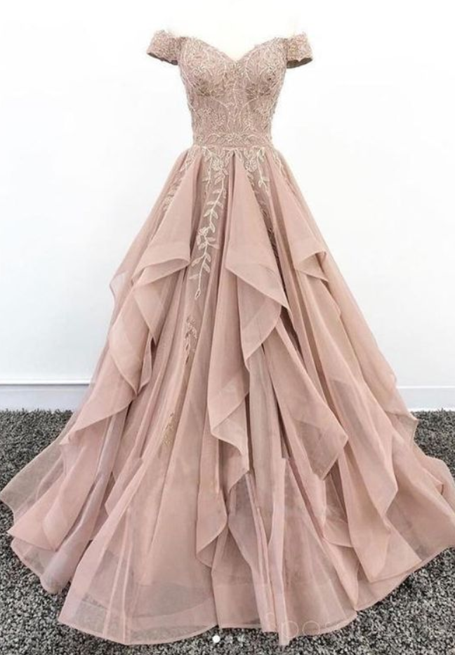 Off The Shoulder Tulle Champagne Appliques Prom Dress, Formal Evening Gowns