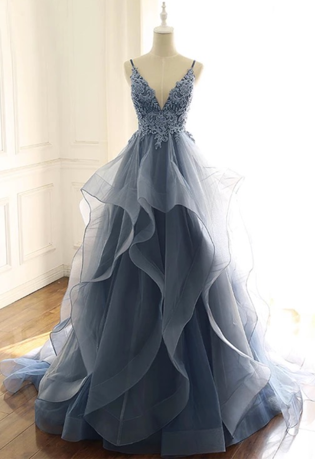 Blue Gray Tulle V Neck Long Ruffles Prom Dress, Lace Evening Dress