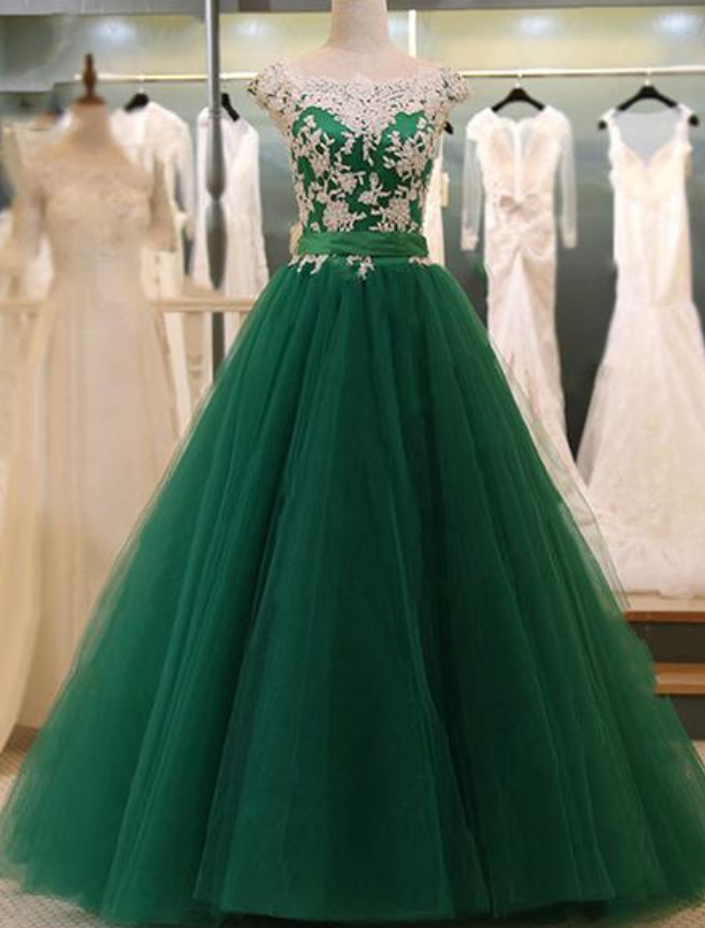 Green Tulle A Line Long Flower Lace Applique Cap Sleeve Senior Prom Dress