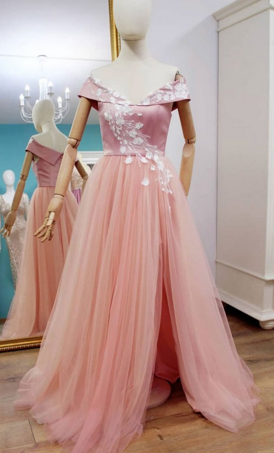 Pink Satin V Neck Long Slit Senior Prom Dress With Lace Applique
