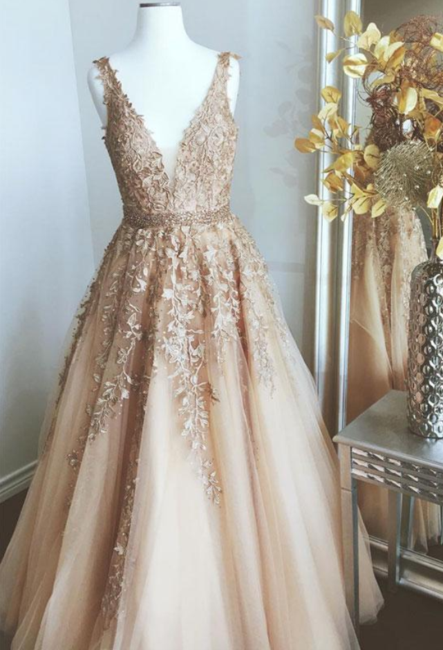 Champagne Tulle Lace Applique Long Beaded Waistline Prom Dress, Formal Dress