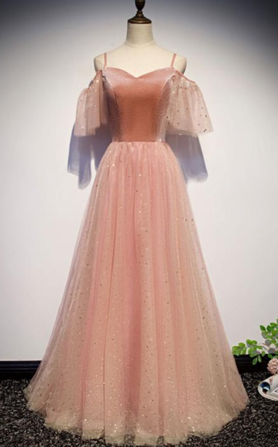 Orange Pink Star Floral Tulle Long Velvet Prom Dress, Evening Dress