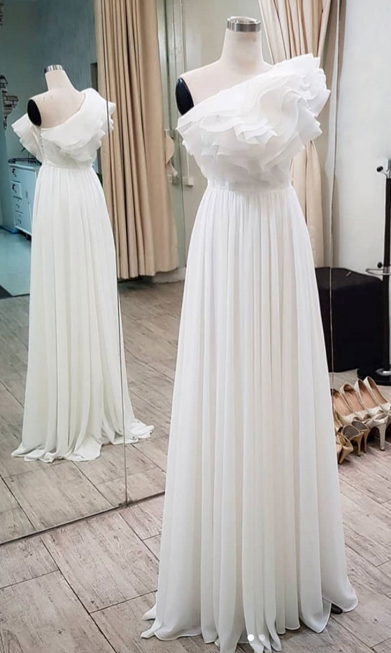 White Chiffon One Shoulder Long Senior Prom Dress, White Evening Dress