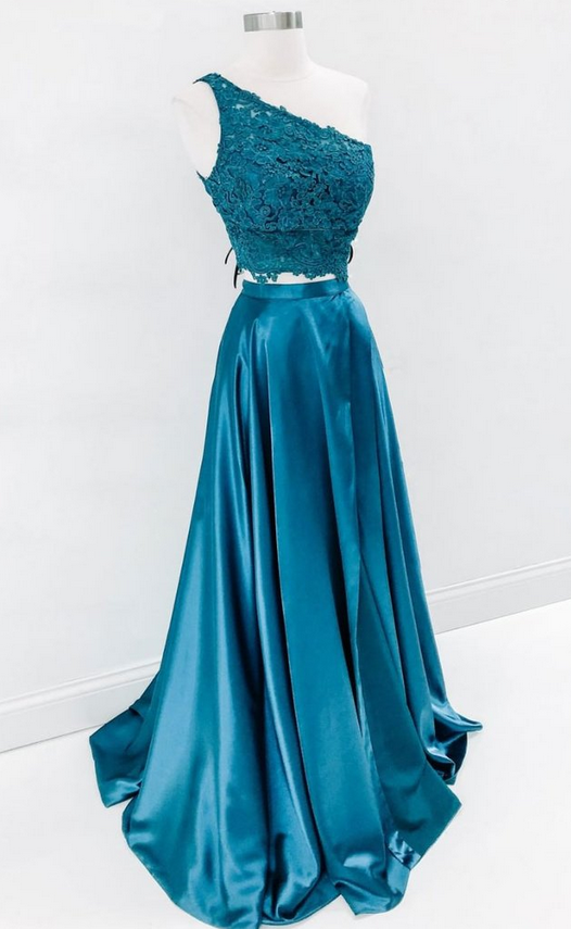 Green Satin Lace One Shoulder Two Pieces Long Homecoming Dress, Party Dress