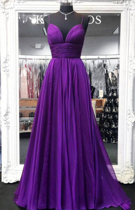 Simple Purple Chiffon Spaghetti Straps Long V-neck Prom Dress, Custom Size Evening Dress