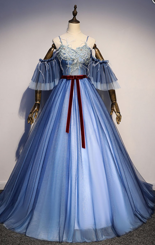 Blue Tulle Off Shoulder Puffy Sleeve Long Sweet 16 Prom Dress With Sash