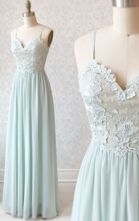 Light Mint Chiffon Simple Spaghetti Straps Prom Dress, Bridesmaid Dress With Applique