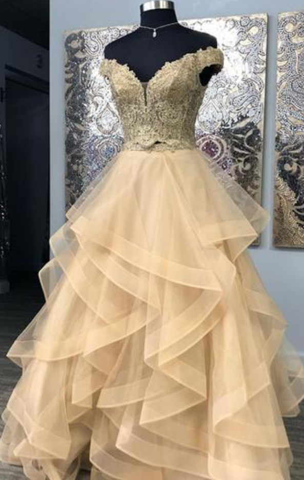 Pretty Gold Lace Two Pieces Off Shoulder Layered Senior Prom Dress, Homecoming Dress