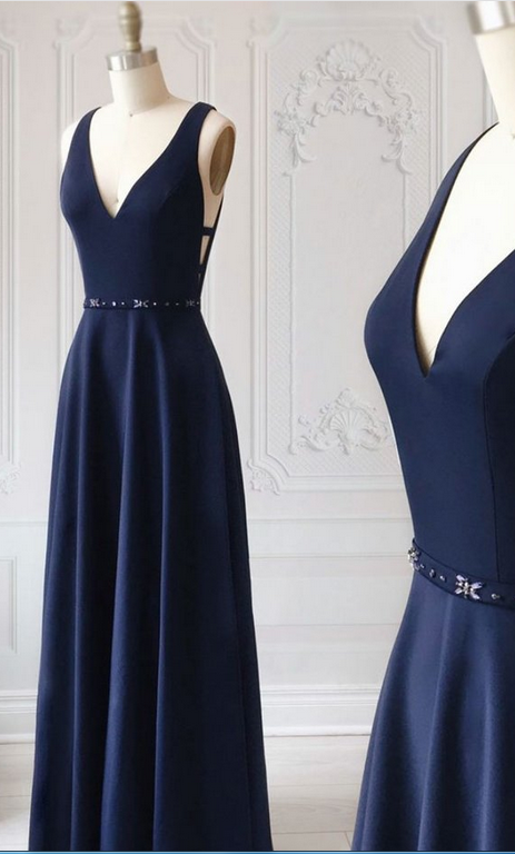 Navy Blue Satin Custom Size V Neck Long Prom Dress, Women Evening Dress