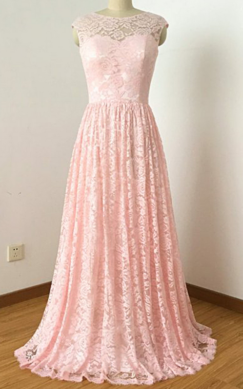 Bright Pink Lace Cap Sleeve Custom Made Long Prom Dress, Bridesmaid Dress