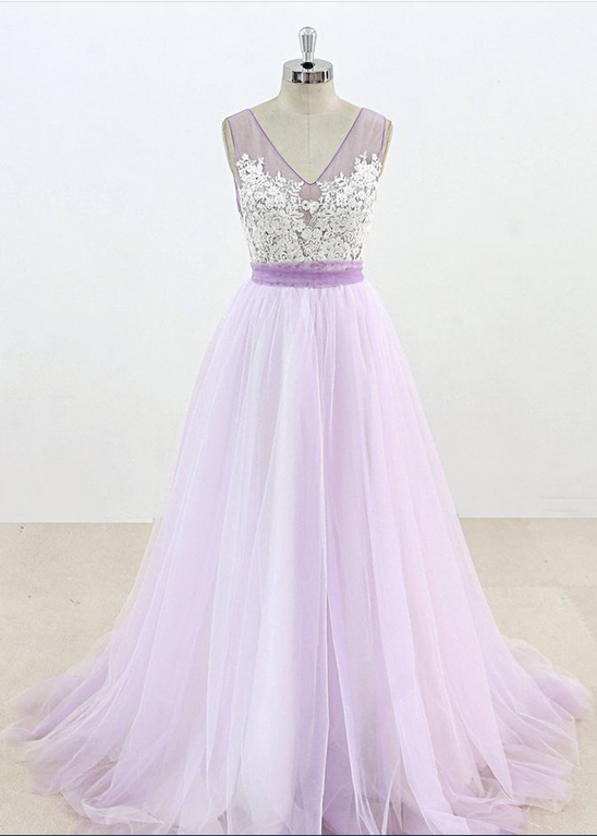 Lavender Tulle V Neck Applique Long Evening Dress, Prom Dress With Sash