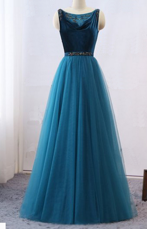 Peacock Blue Velvet Tulle Open Back Long Mother Bridal Dress, Prom Dress