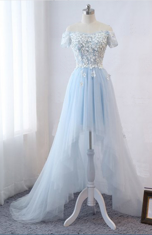 Baby Blue Tulle Off Shoulder Short Sleeve High Low Prom Dress