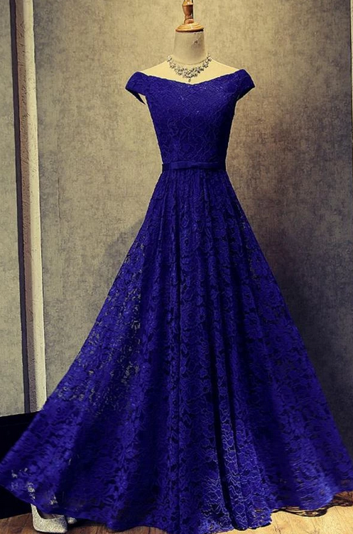 Simple Royal Blue A-line Lace Off-the-shoulder Lace Up Hollow Prom Dresses Uk