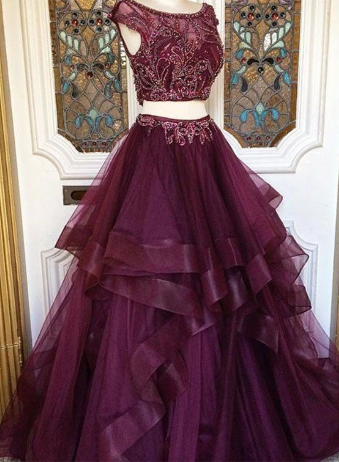 Two Pieces Burgundy Sequin Prom Dress, Long Burgundy Evening Dress ,sweet Dresses,graduation Gowns