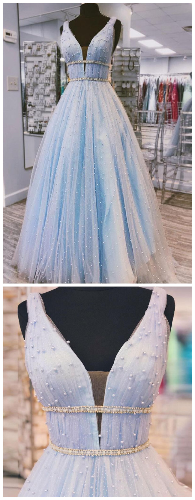 Light Blue Tulle Prom Dresses Long Prom Gown