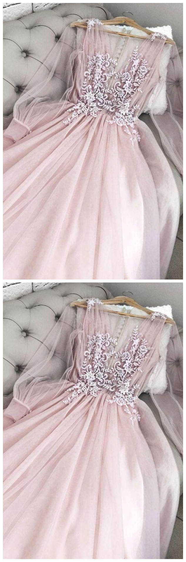 Pink Long Sleeves Tulle Lace Long Prom Gown