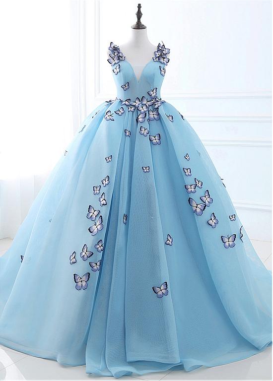 In Stock Fashion Tulle V-neck Neckline Ball Gown Prom Dresses With Embroidery Butterflies