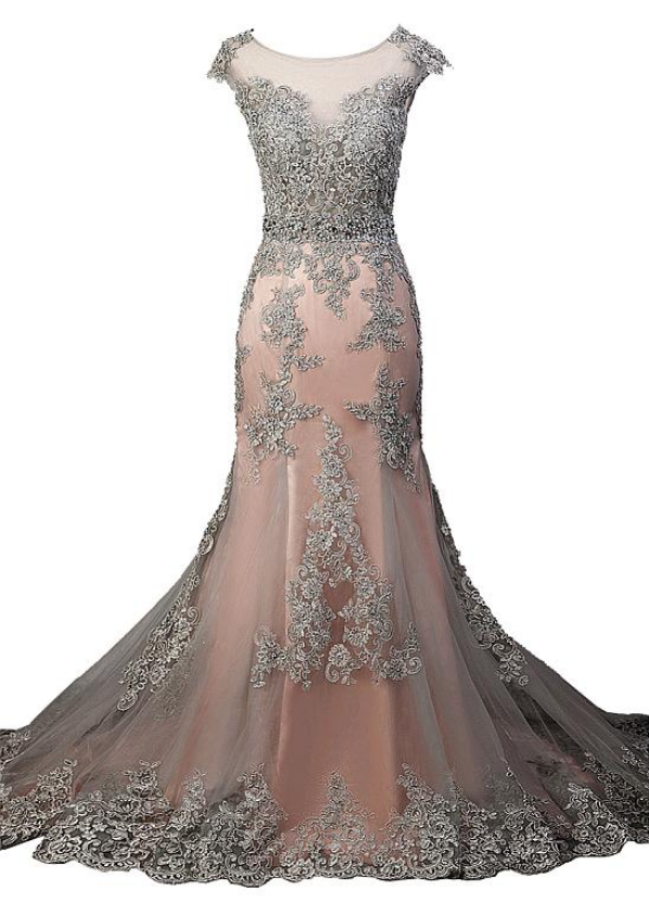 Chic Tulle Scoop Neckline See-through Natural Waistline Mermaid Evening Dress With Beaded Lace Appliques