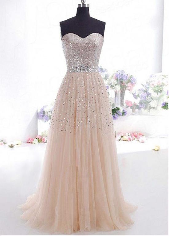 Chic Sequin Lace & Tulle Sweetheart Neckline A-line Evening Dress