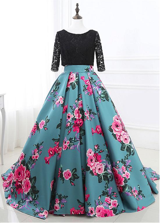 In Stock Special Lace & Floral Cloth Scoop Neckline 3/4 Length Sleeves Backless Ball Gown Prom Dress