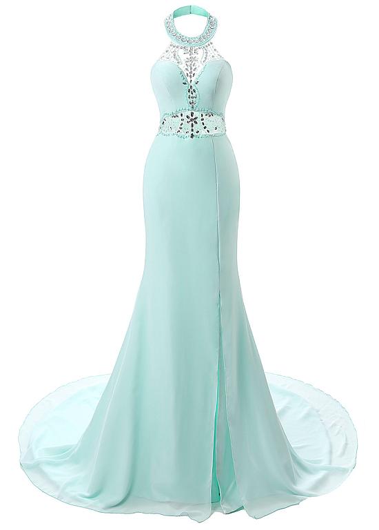 Glamorous Chiffon & Tulle Halter Neckline Mermaid Evening Dresses With Beads & Rhinestones