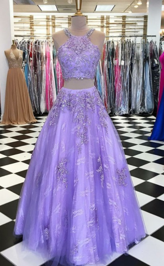 Exquisite Scoop Two Pieces Lavender Lace Prom Dress With Appliques Beading,