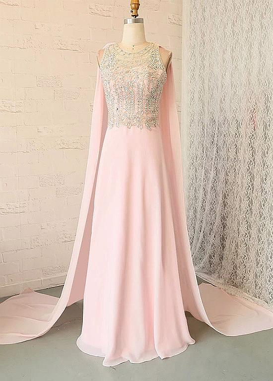 Fantastic Tulle & Chiffon Jewel Neckline A-line Prom Dresses With Beadings