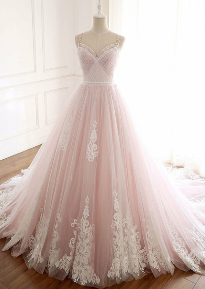 Gorgeous Spaghetti Straps Pink Court Train Prom Dress With Appliques Beading,