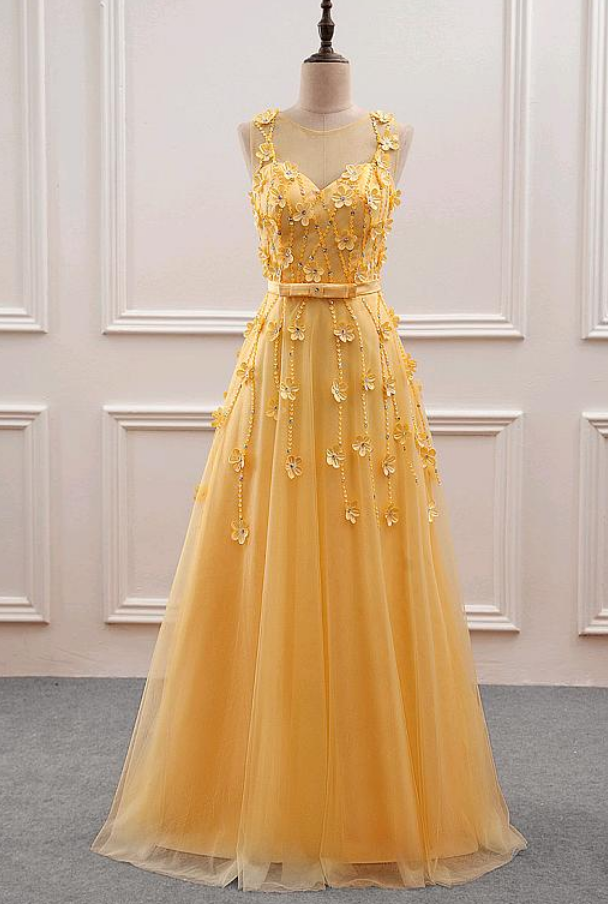 Gorgeous Tulle Jewel Neckline A-line Prom Dress With Beadings & Handmade Flowers