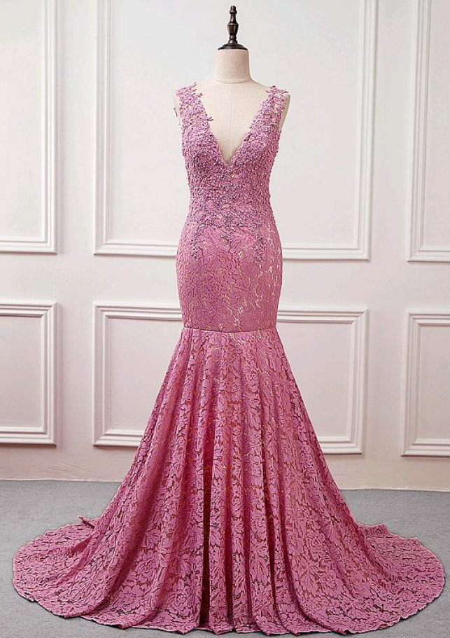 Long V-neck Appliques Lace Mermaid Evening Dress
