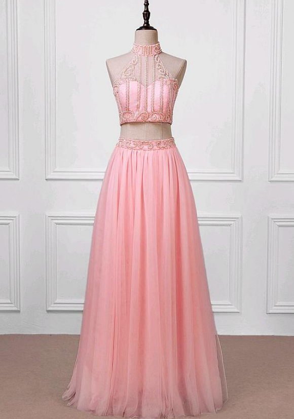 Romantic Tulle Halter Neckline A-line Two-piece Prom Dresses With Pleats & Beadings