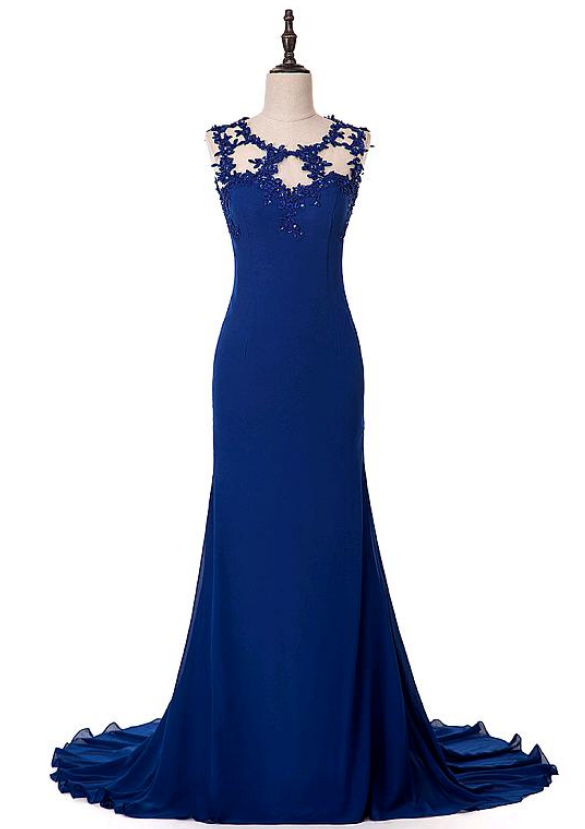Modest Tulle & Chiffon Jewel Neckline Mermaid Evening Dress With Beaded Lace Appliques