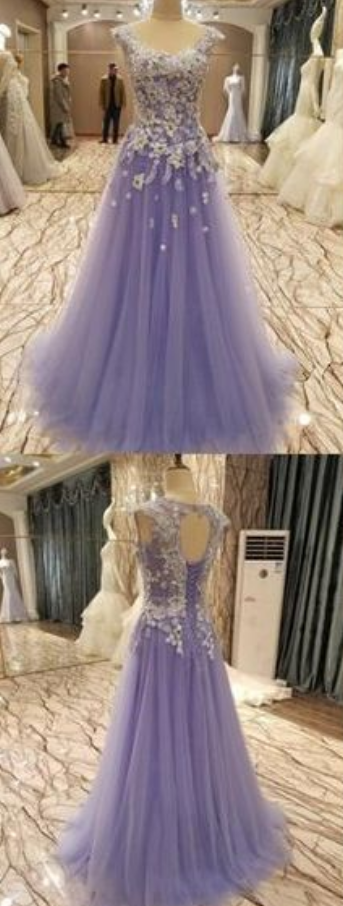 Light Purple Tulle Long Prom Gown, Lace Evening Dress, Wedding Dress