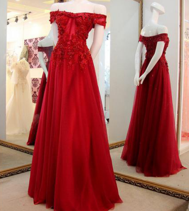 Red Off The Shoulder Prom Gown,applique Lace Long Prom Dresses,tulle Party Dresses,dark Red Formal Dresses