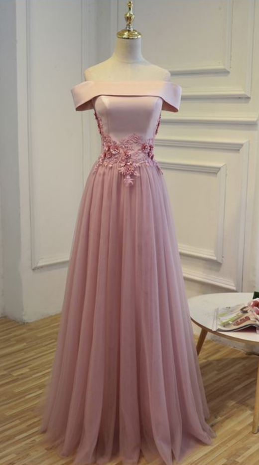 Charming Pink Satin And Tulle Off Shoulder Formal Dresses, Pink Party Dresses, Prom Dress , Lace Prom Dress