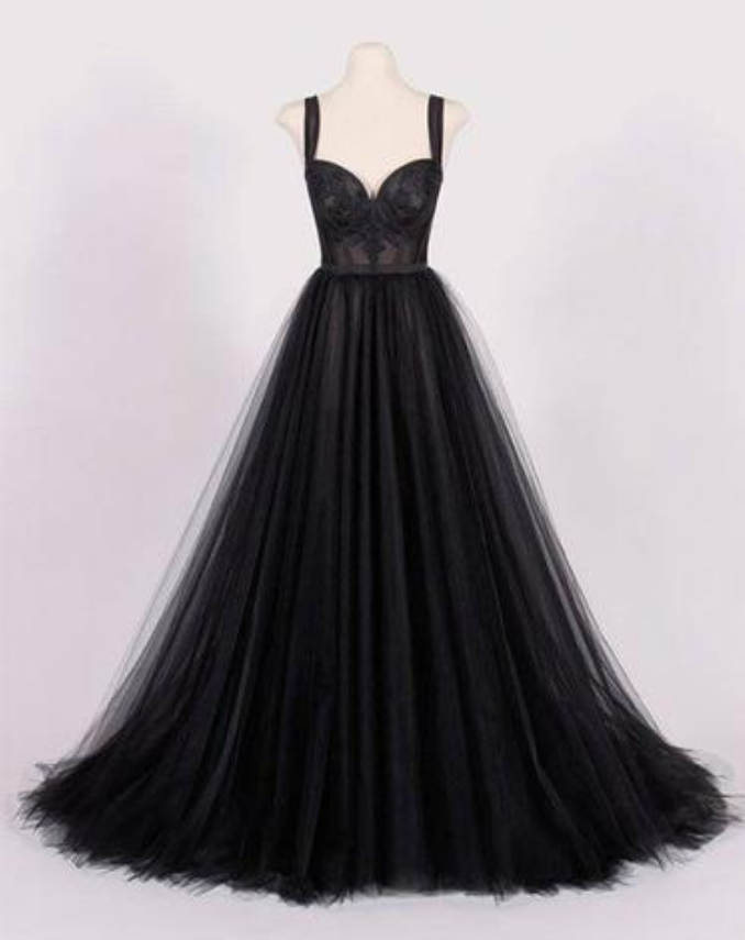 Newest Black Sweetheart Neck Tulle Prom Dress,black Evening Dress