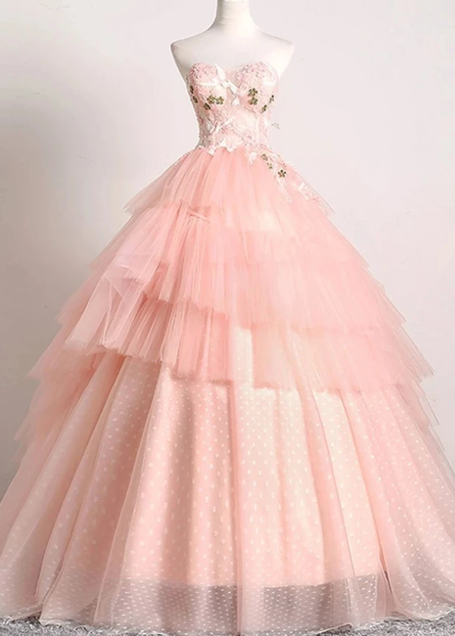 Ball Gown Pink 3d Lace Multi-layered Prom Dresses Tulle Quinceanera Dresses