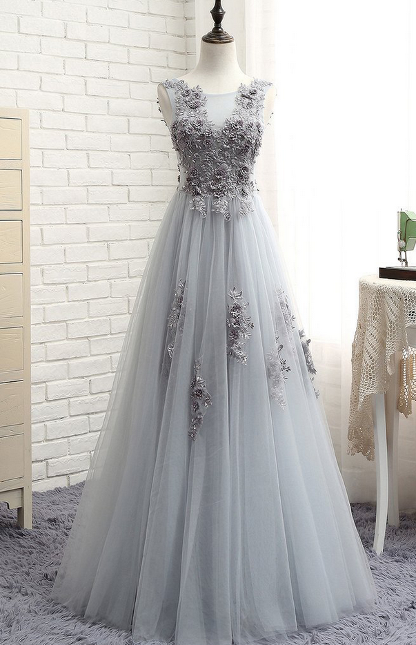Sliver Gray Sleeveless Floor Length Prom Dresses,appliqued Tulle Prom Dress, Long Lace Appliques Evening Dress