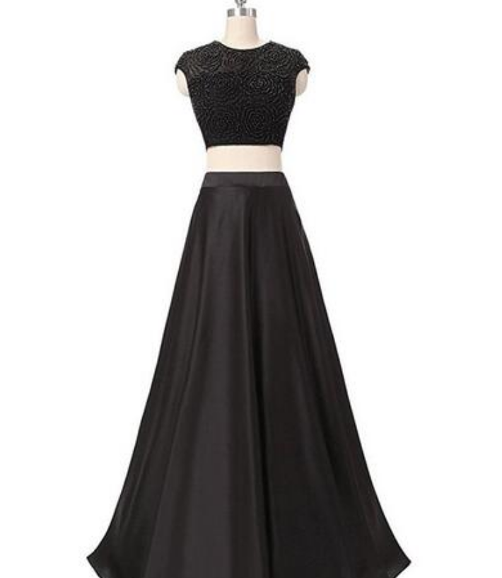 Black Two-piece Beaded Prom Dress, Satin Long Evening Dress,elegant Prom Dress,ball Gown Dress, Formal Evening Dress,sexy Prom Dress, Formal