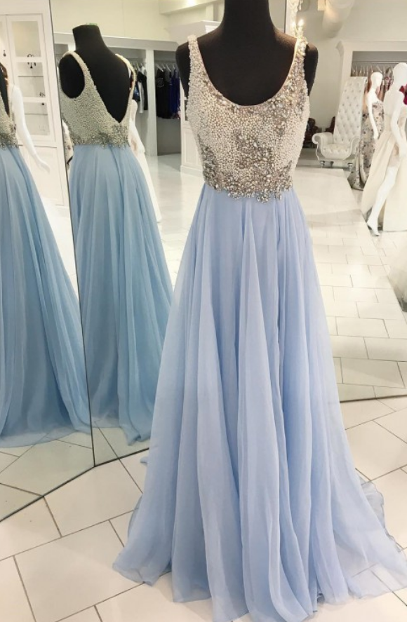 Gorgeous Blue Long Prom Dress With White Pearls, Long Prom Dress ,sexy Party Dress,custom Made Evening Dress